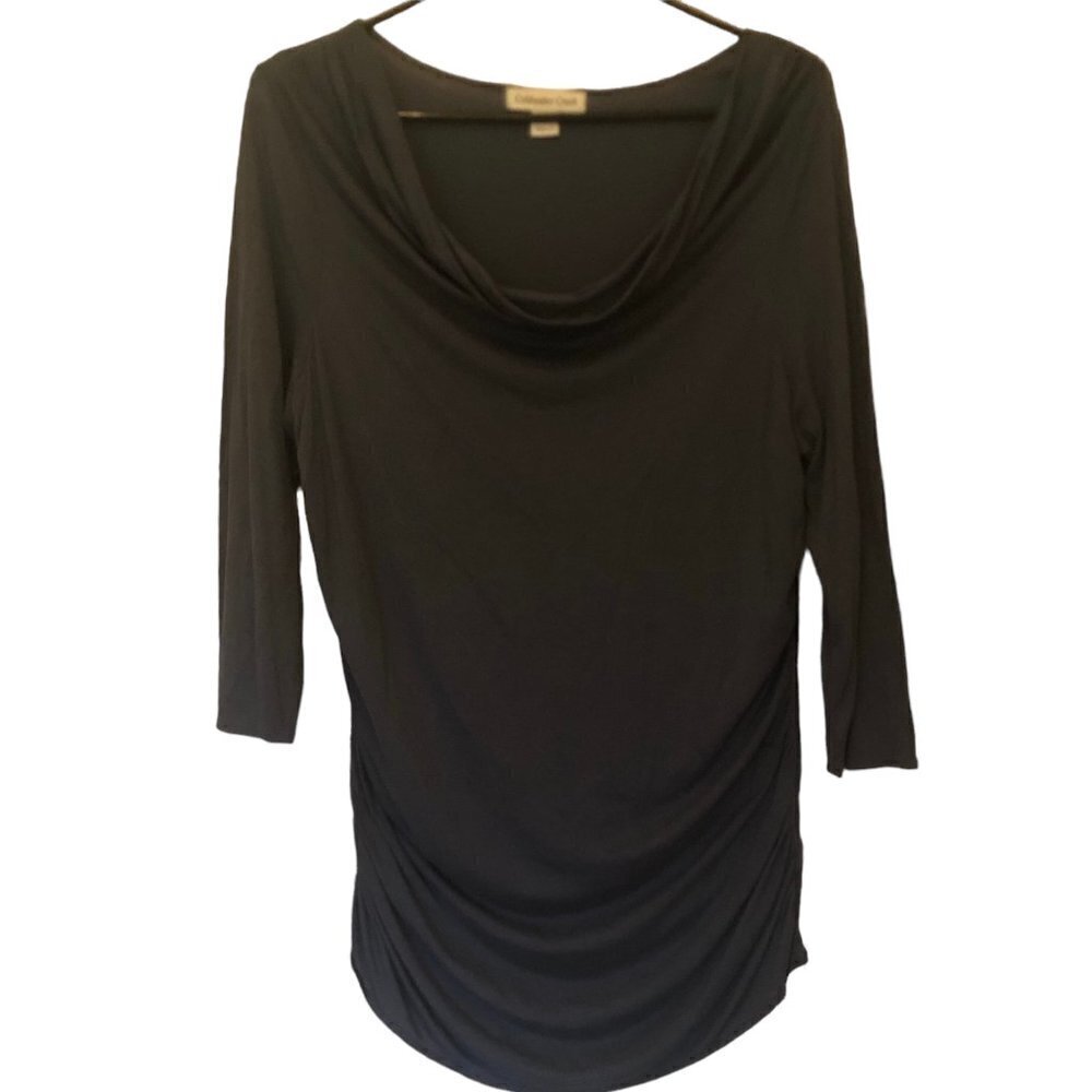 Coldwater Creek slate blue tunic w/ 3/4-sleeves, cowl neck, & ruched sides sz M